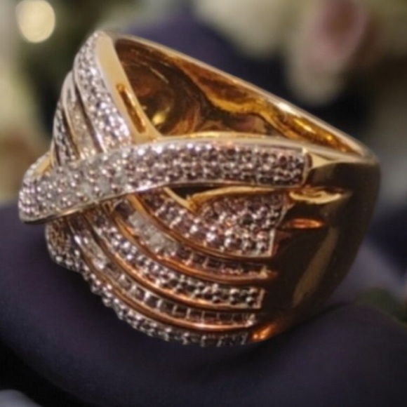 KRN-BR Made Crossover Cocktail Ring Gold With Crystal Accents Size 7 - Picture 4 of 11